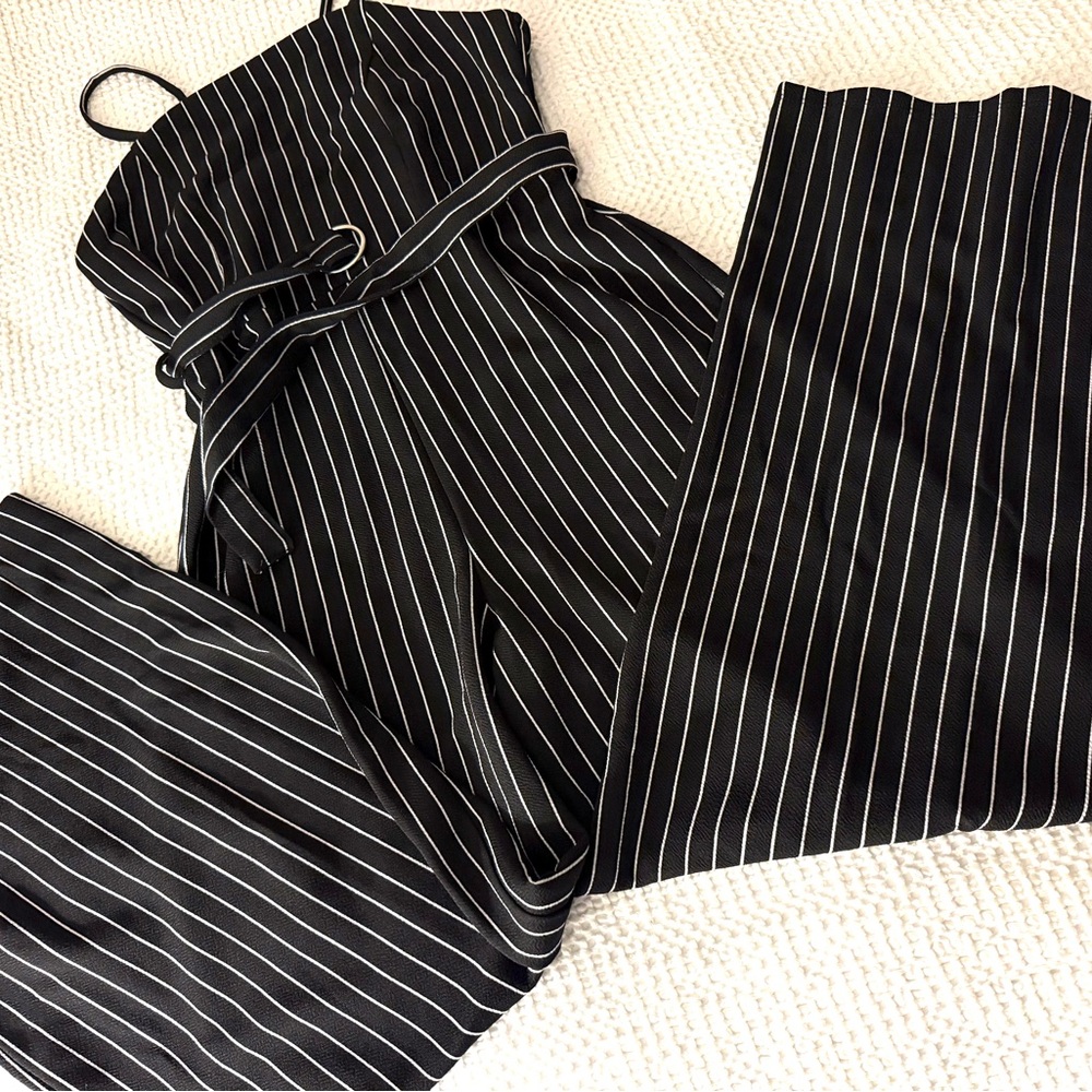 NWOT No Boundaries Black Pinstripe Jumpsuit with matching belt